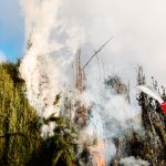 A person tries to extinguish a tree fire with buckets of water w